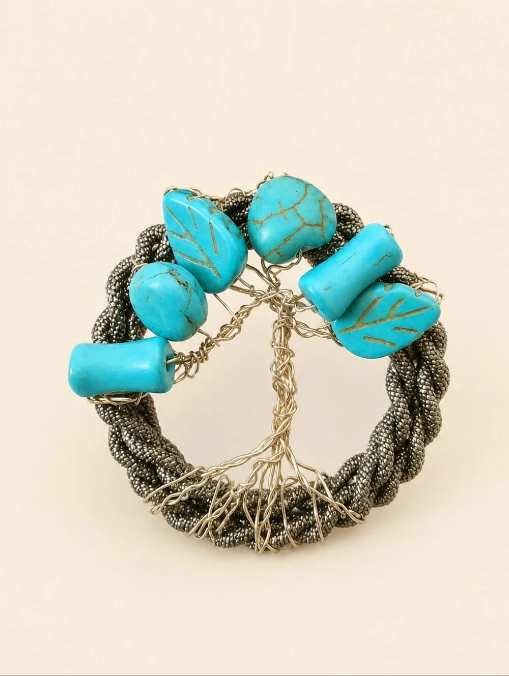 Braided Brooch - Handmade Wire Wrapped, Turquoise Beaded Tree Of Life - Picture 1 of 2